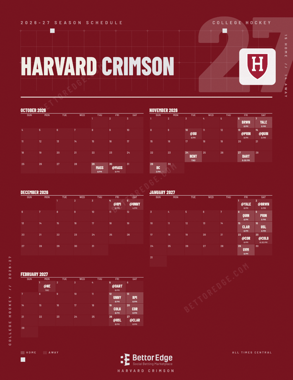 Harvard Crimson 2026-27 hockey schedule, free printable, every game with start times and TV