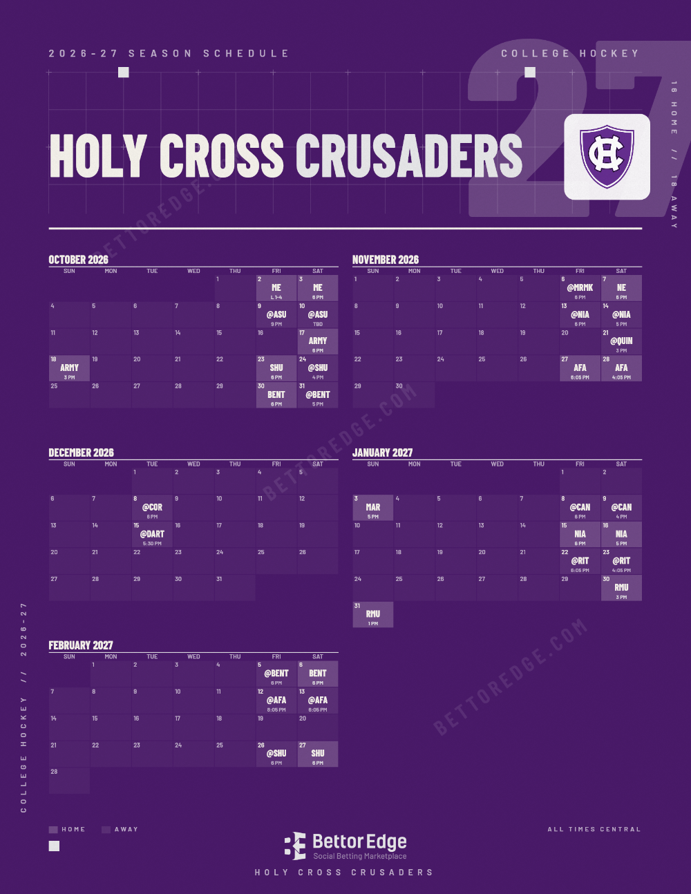 Holy Cross Crusaders 2026-27 hockey schedule, free printable, every game with start times and TV