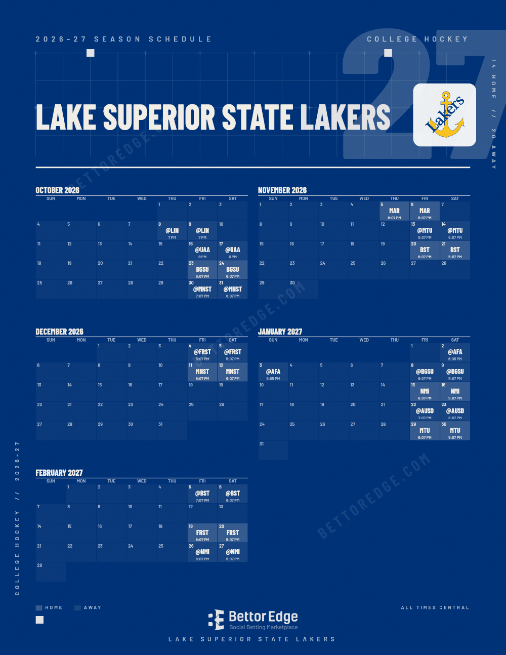Lake Superior State Lakers 2026-27 hockey schedule, free printable, every game with start times and TV