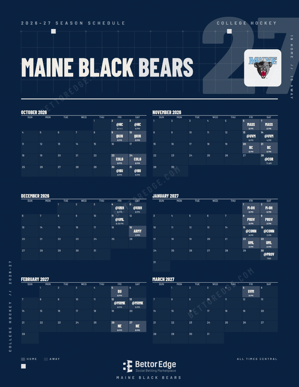 Maine Black Bears 2026-27 hockey schedule, free printable, every game with start times and TV