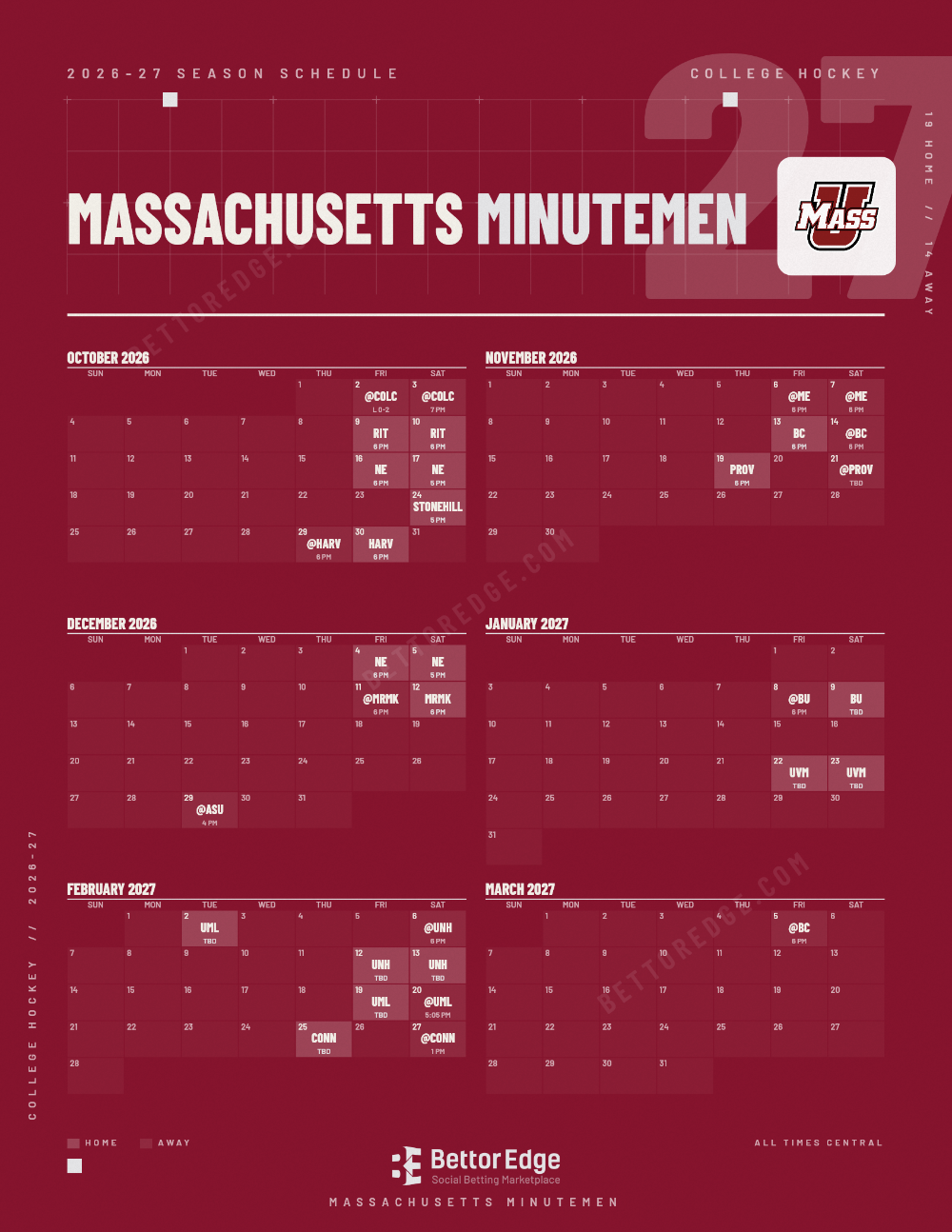 Massachusetts Minutemen 2026-27 hockey schedule, free printable, every game with start times and TV