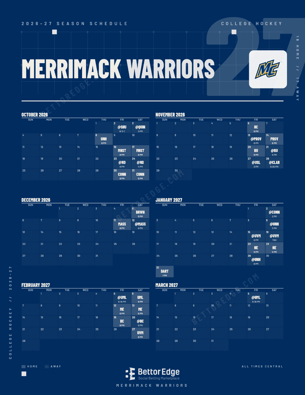 Merrimack Warriors 2026-27 hockey schedule, free printable, every game with start times and TV