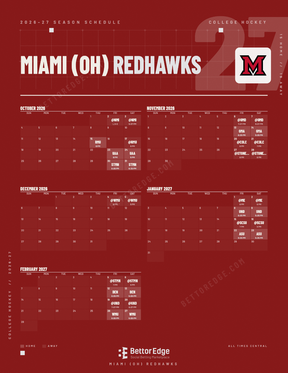 Miami (OH) RedHawks 2026-27 hockey schedule, free printable, every game with start times and TV