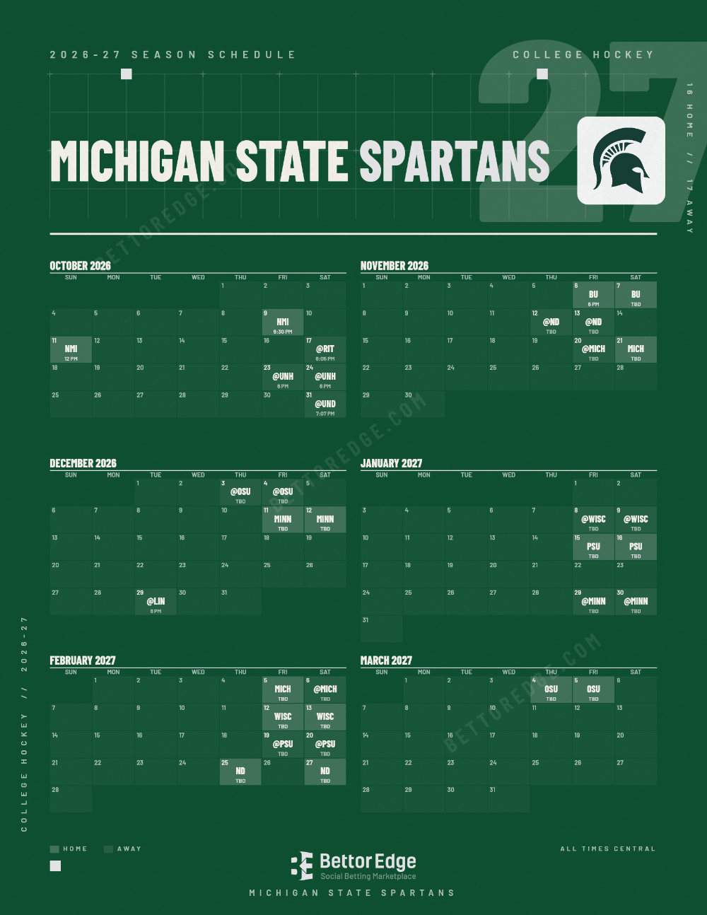 Michigan State Spartans 2026-27 hockey schedule, free printable, every game with start times and TV