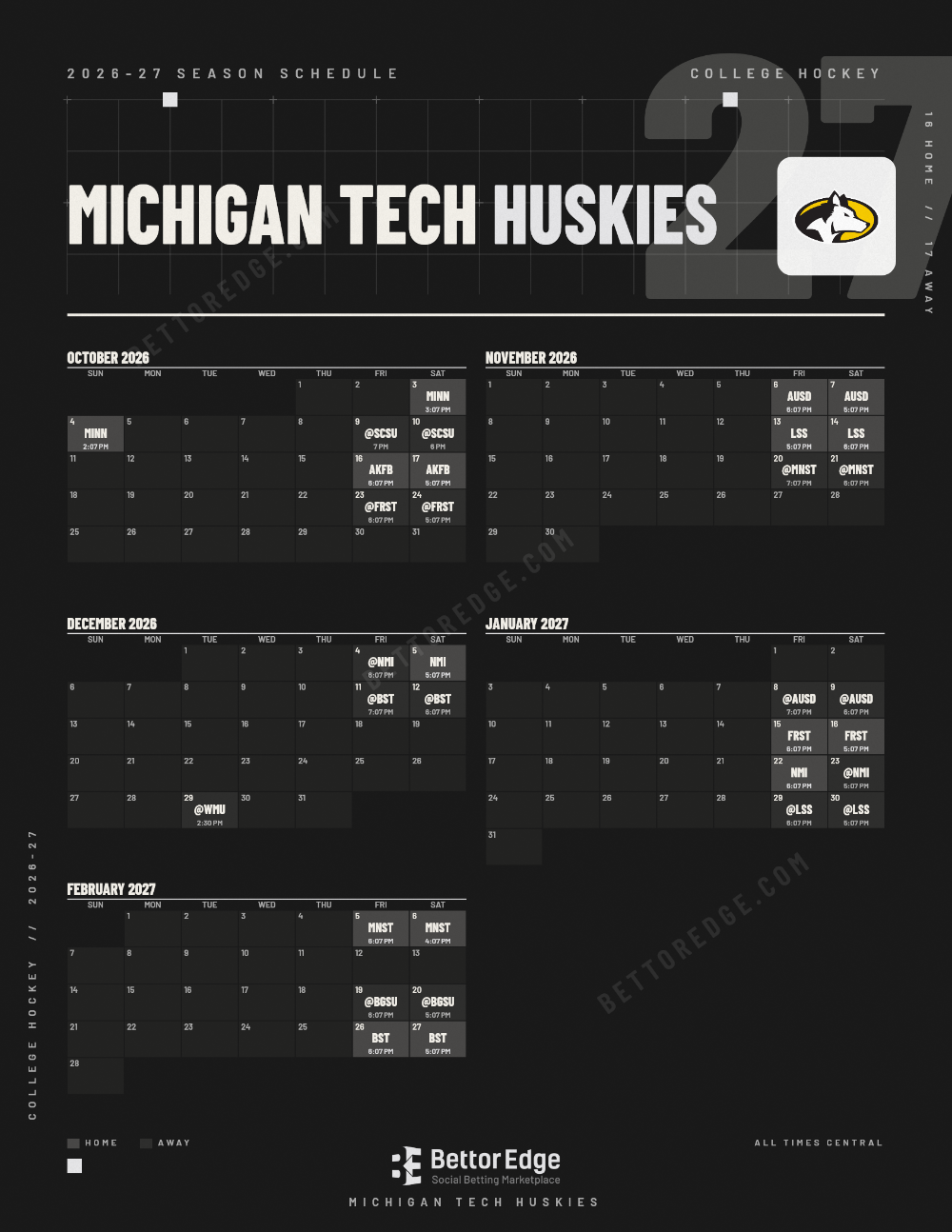 Michigan Tech Huskies 2026-27 hockey schedule, free printable, every game with start times and TV