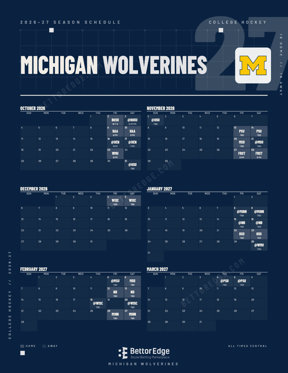 Michigan Wolverines 2026-27 hockey schedule, free printable, every game with start times and TV