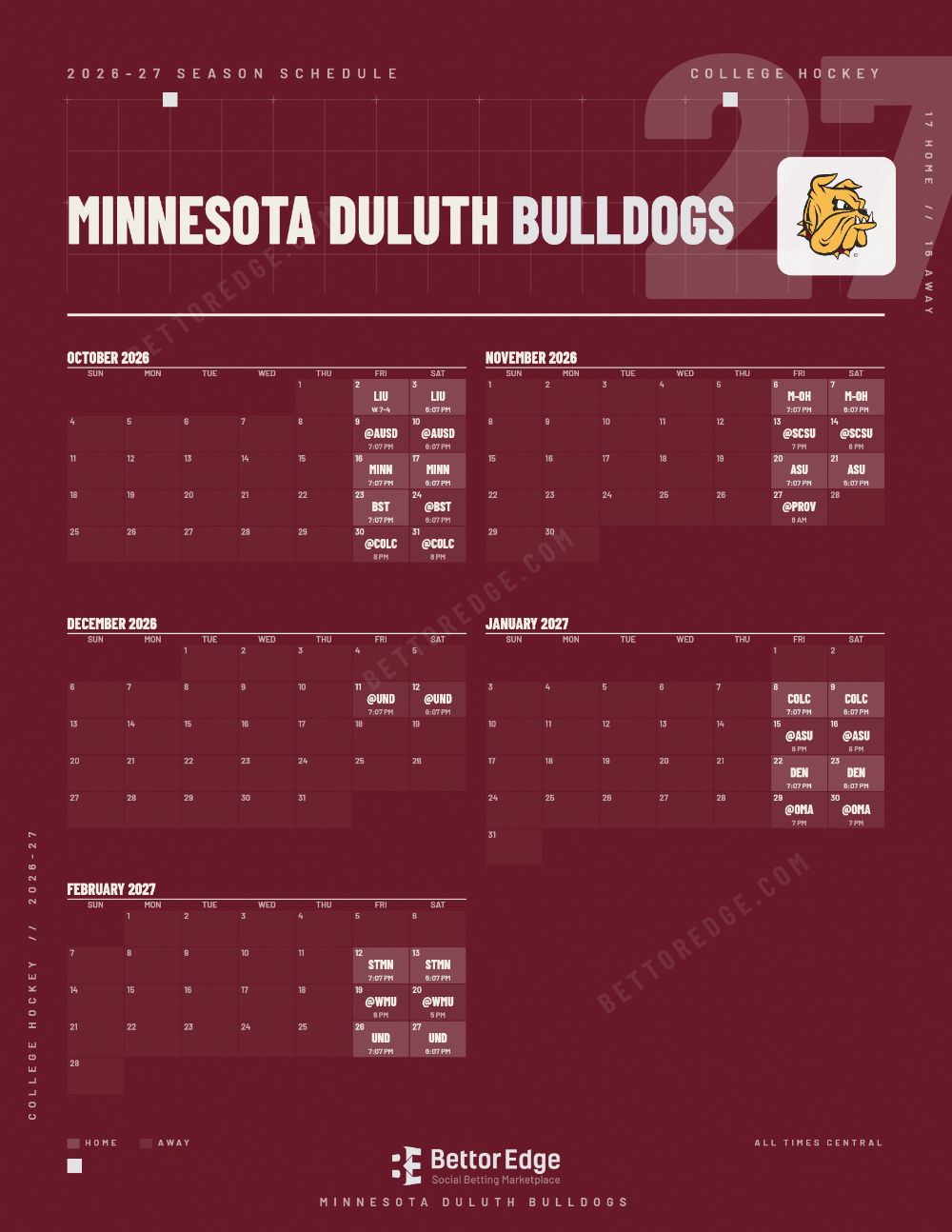 Minnesota Duluth Bulldogs 2026-27 hockey schedule, free printable, every game with start times and TV