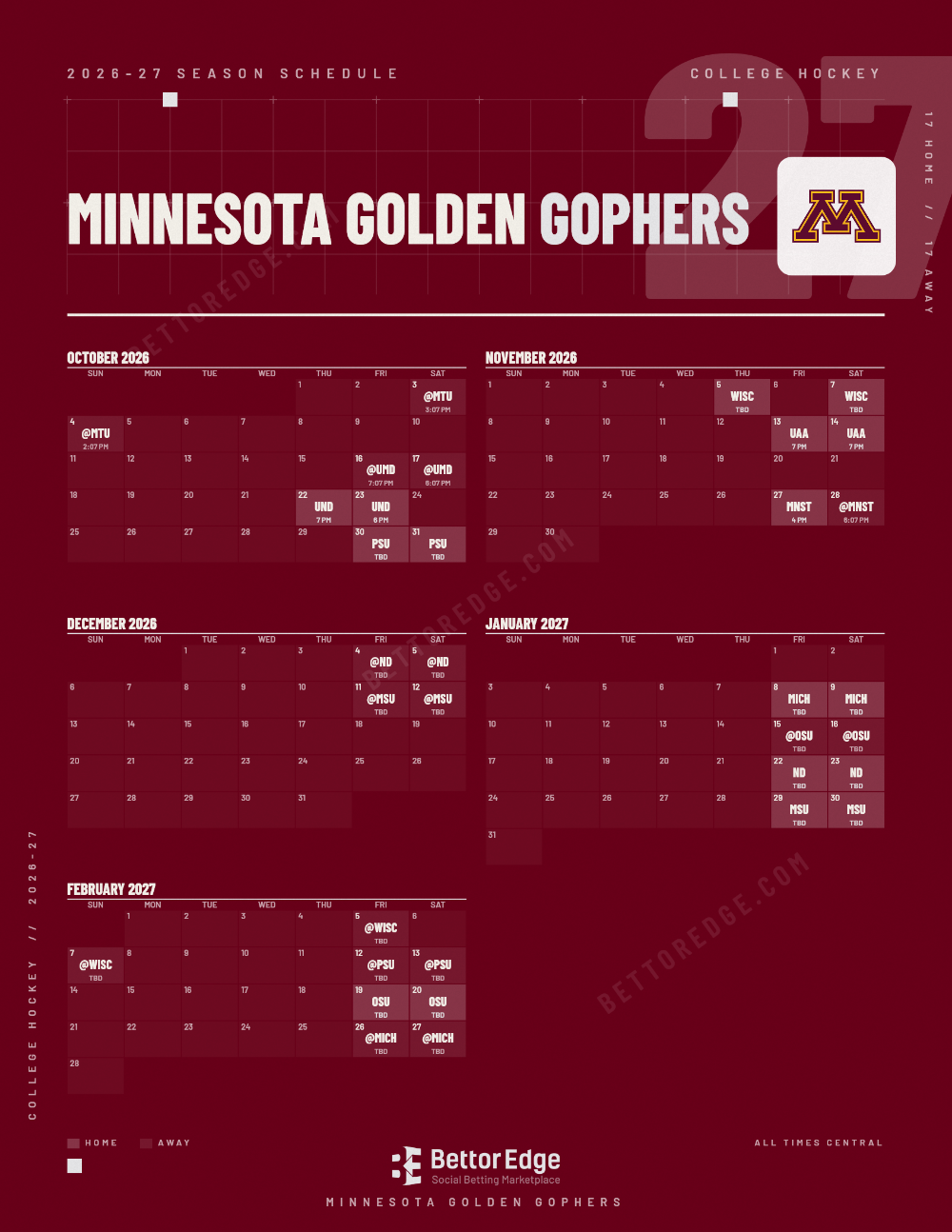 Minnesota Golden Gophers 2026-27 hockey schedule, free printable, every game with start times and TV