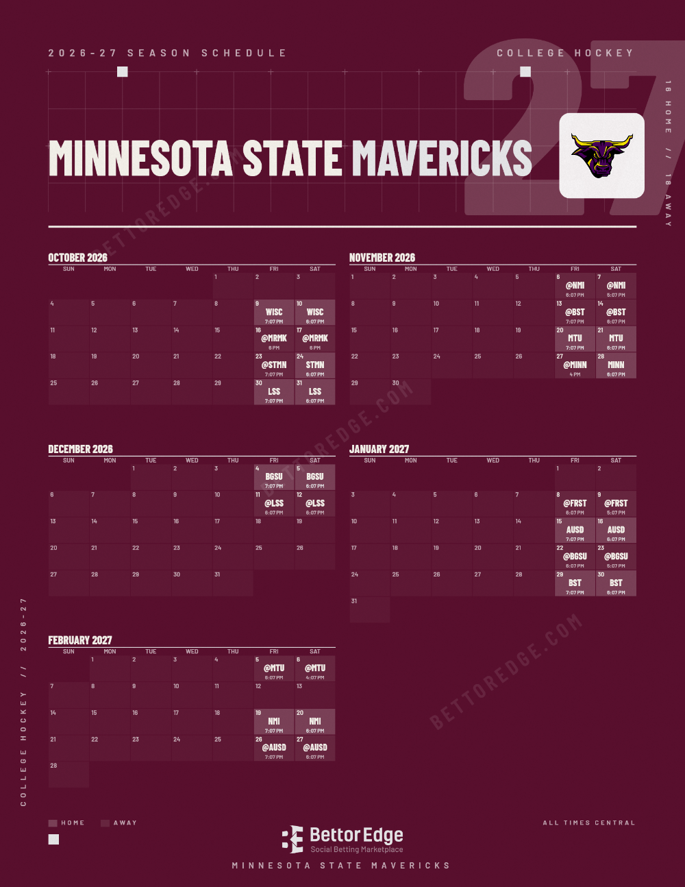 Minnesota State Mavericks 2026-27 hockey schedule, free printable, every game with start times and TV