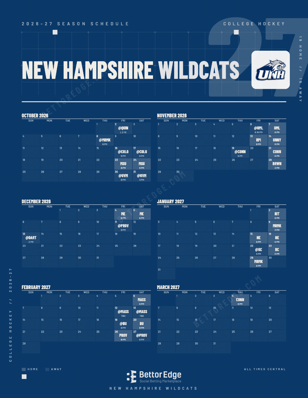 New Hampshire Wildcats 2026-27 hockey schedule, free printable, every game with start times and TV