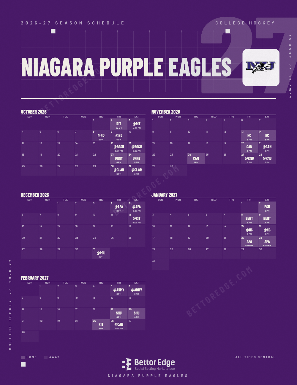 Niagara Purple Eagles 2026-27 hockey schedule, free printable, every game with start times and TV