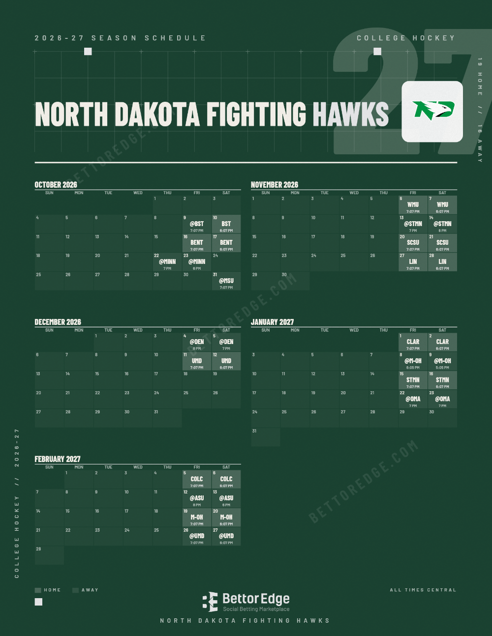 North Dakota Fighting Hawks 2026-27 hockey schedule, free printable, every game with start times and TV