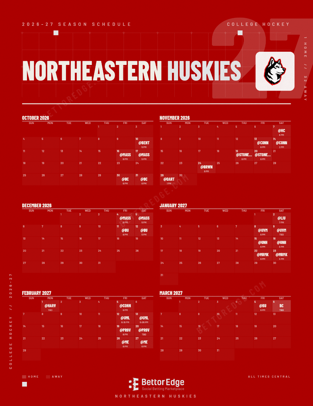 Northeastern Huskies 2026-27 hockey schedule, free printable, every game with start times and TV