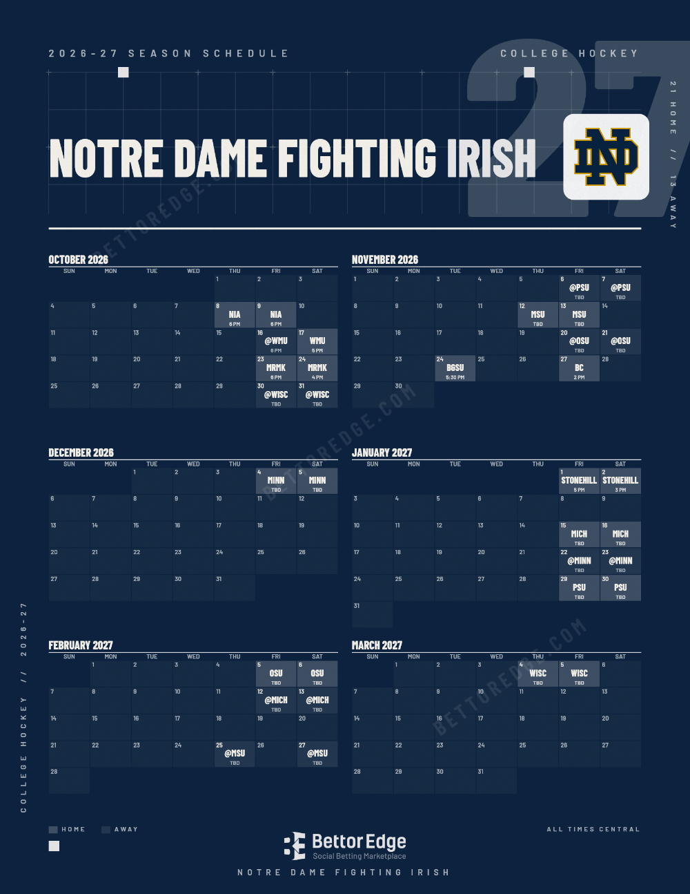 Notre Dame Fighting Irish 2026-27 hockey schedule, free printable, every game with start times and TV