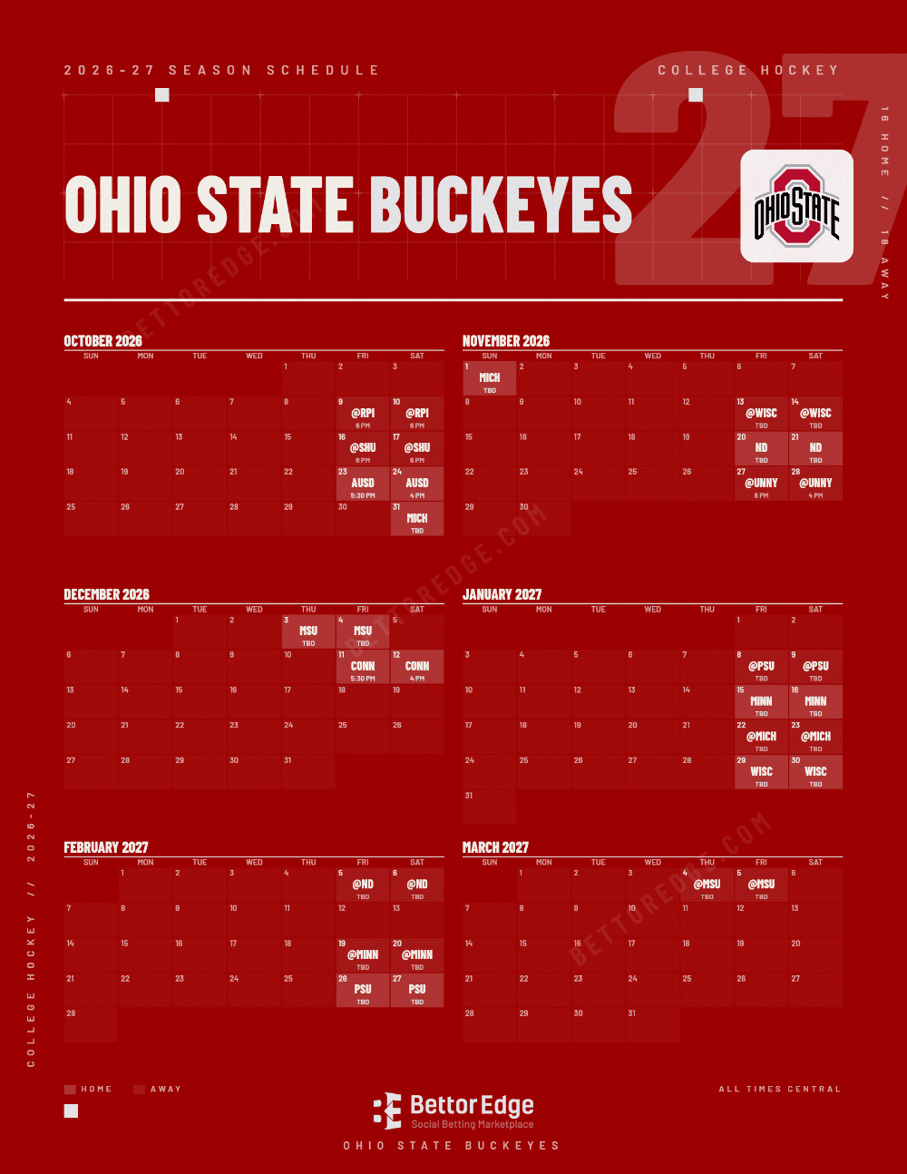 Ohio State Buckeyes 2026-27 hockey schedule, free printable, every game with start times and TV