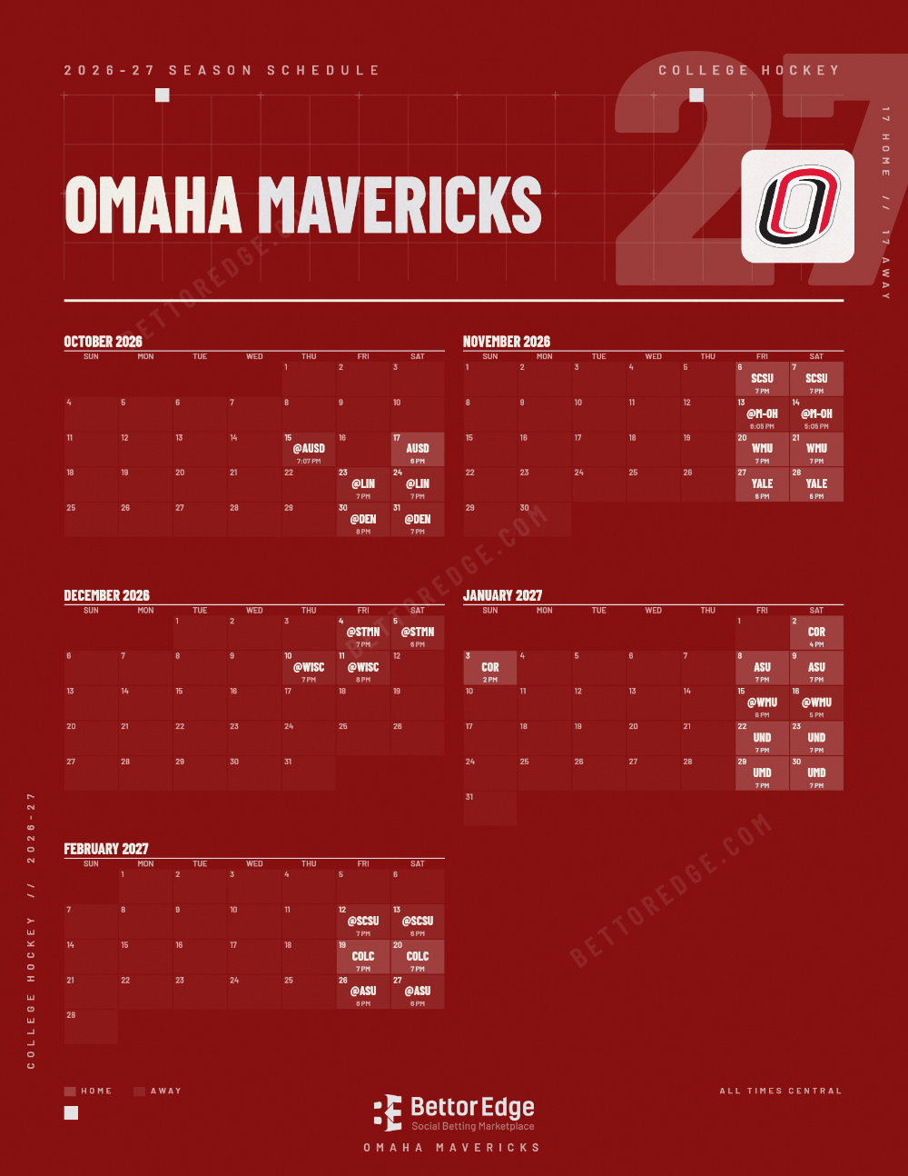 Omaha Mavericks 2026-27 hockey schedule, free printable, every game with start times and TV