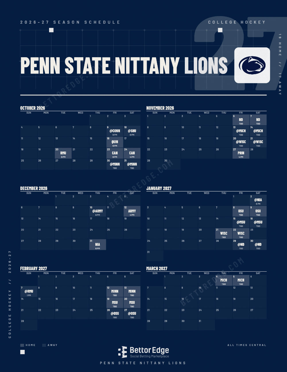 Penn State Nittany Lions 2026-27 hockey schedule, free printable, every game with start times and TV