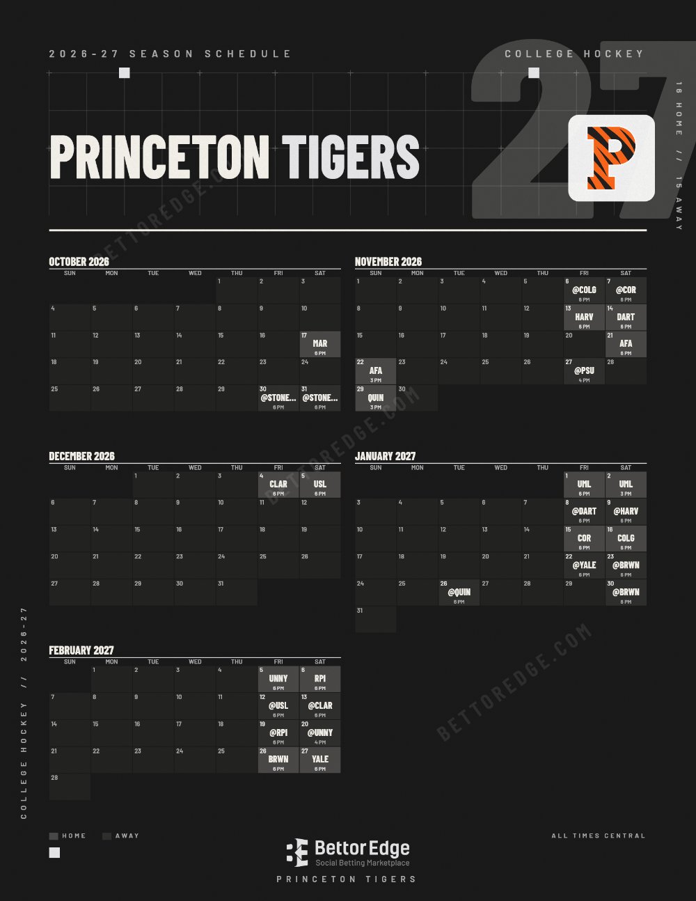 Princeton Tigers 2026-27 hockey schedule, free printable, every game with start times and TV
