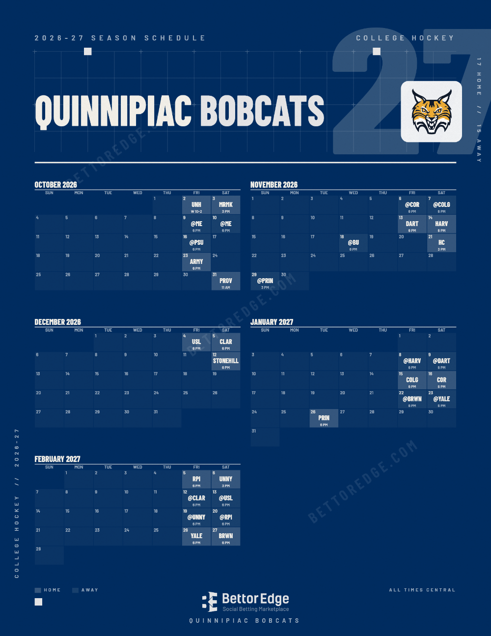 Quinnipiac Bobcats 2026-27 hockey schedule, free printable, every game with start times and TV