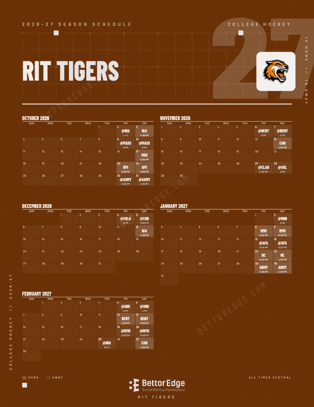 RIT Tigers 2026-27 hockey schedule, free printable, every game with start times and TV