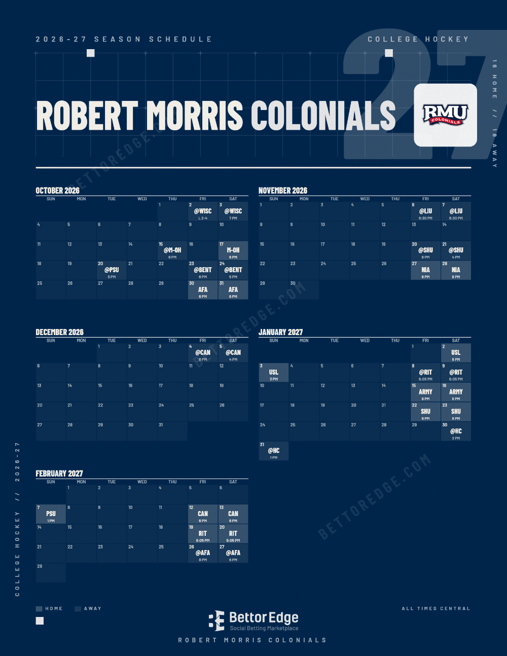 Robert Morris Colonials 2026-27 hockey schedule, free printable, every game with start times and TV