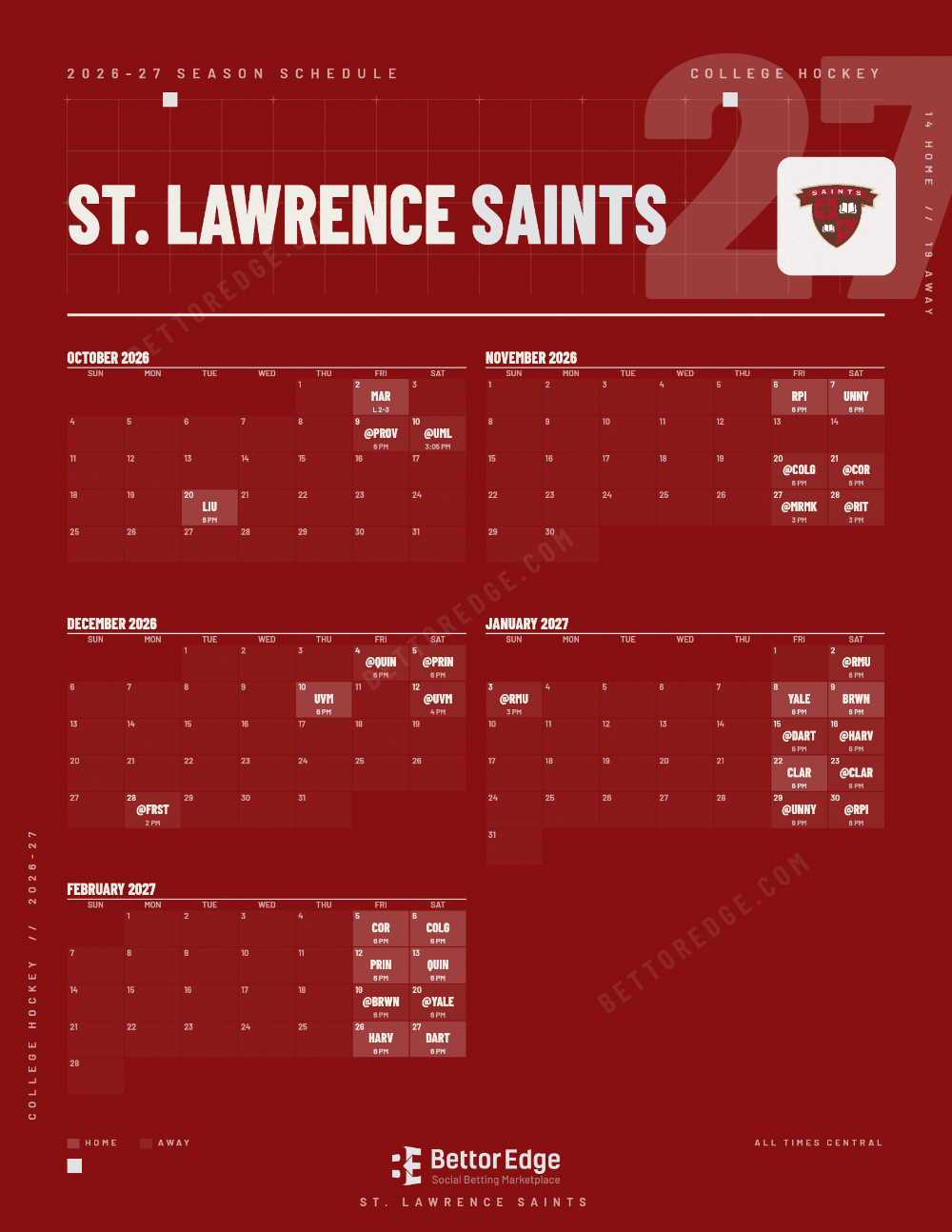 St. Lawrence Saints 2026-27 hockey schedule, free printable, every game with start times and TV