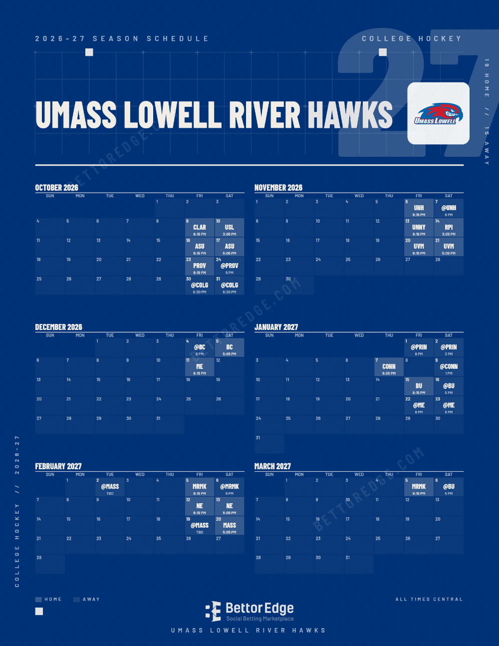 UMass Lowell River Hawks 2026-27 hockey schedule, free printable, every game with start times and TV