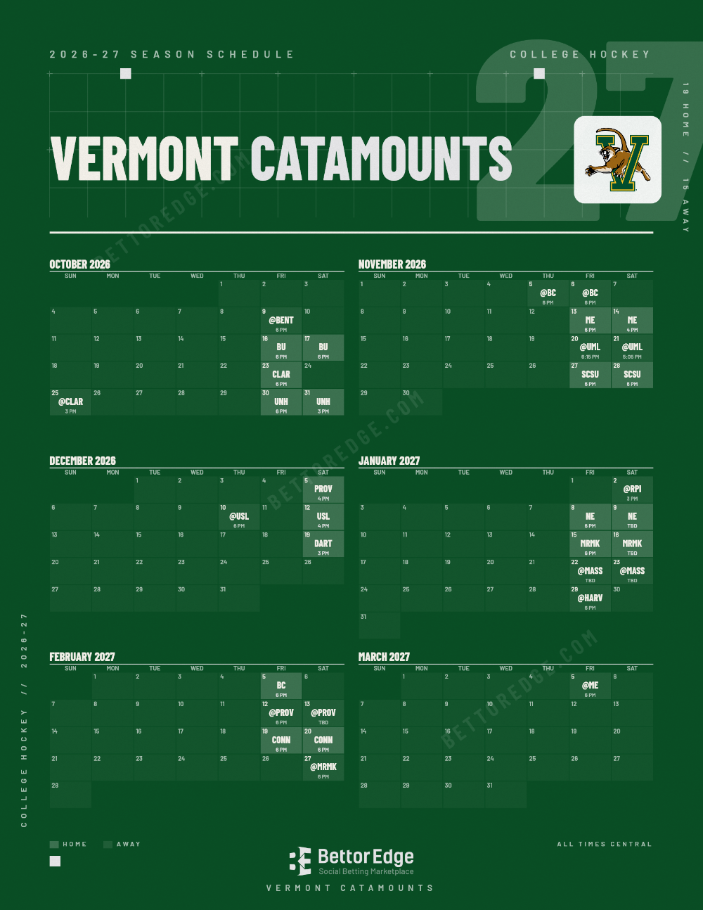 Vermont Catamounts 2026-27 hockey schedule, free printable, every game with start times and TV