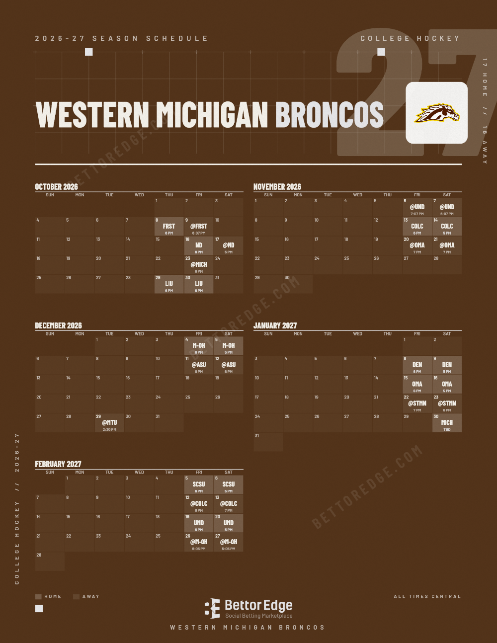 Western Michigan Broncos 2026-27 hockey schedule, free printable, every game with start times and TV