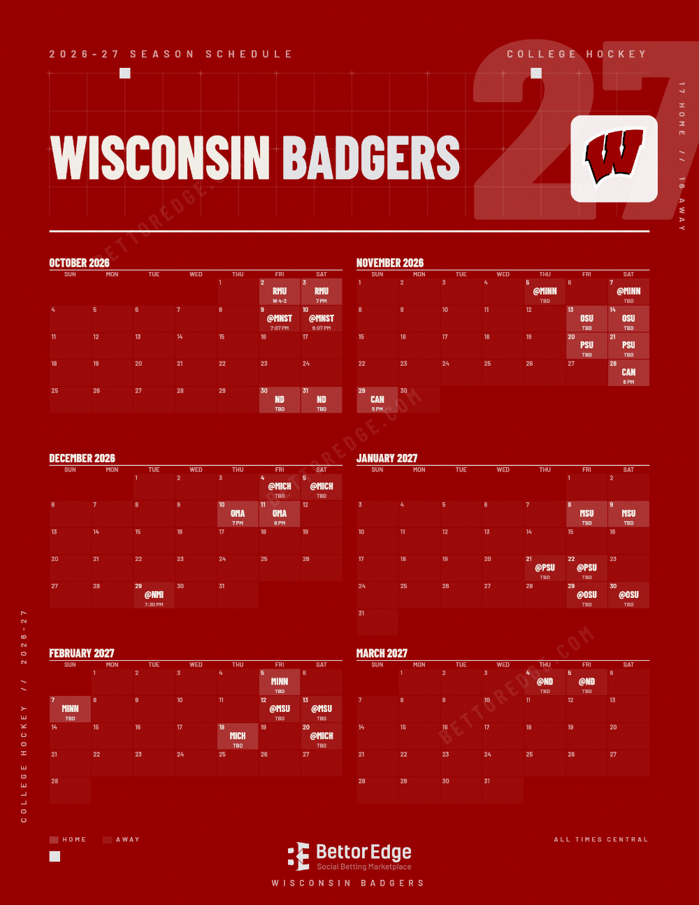Wisconsin Badgers 2026-27 hockey schedule, free printable, every game with start times and TV