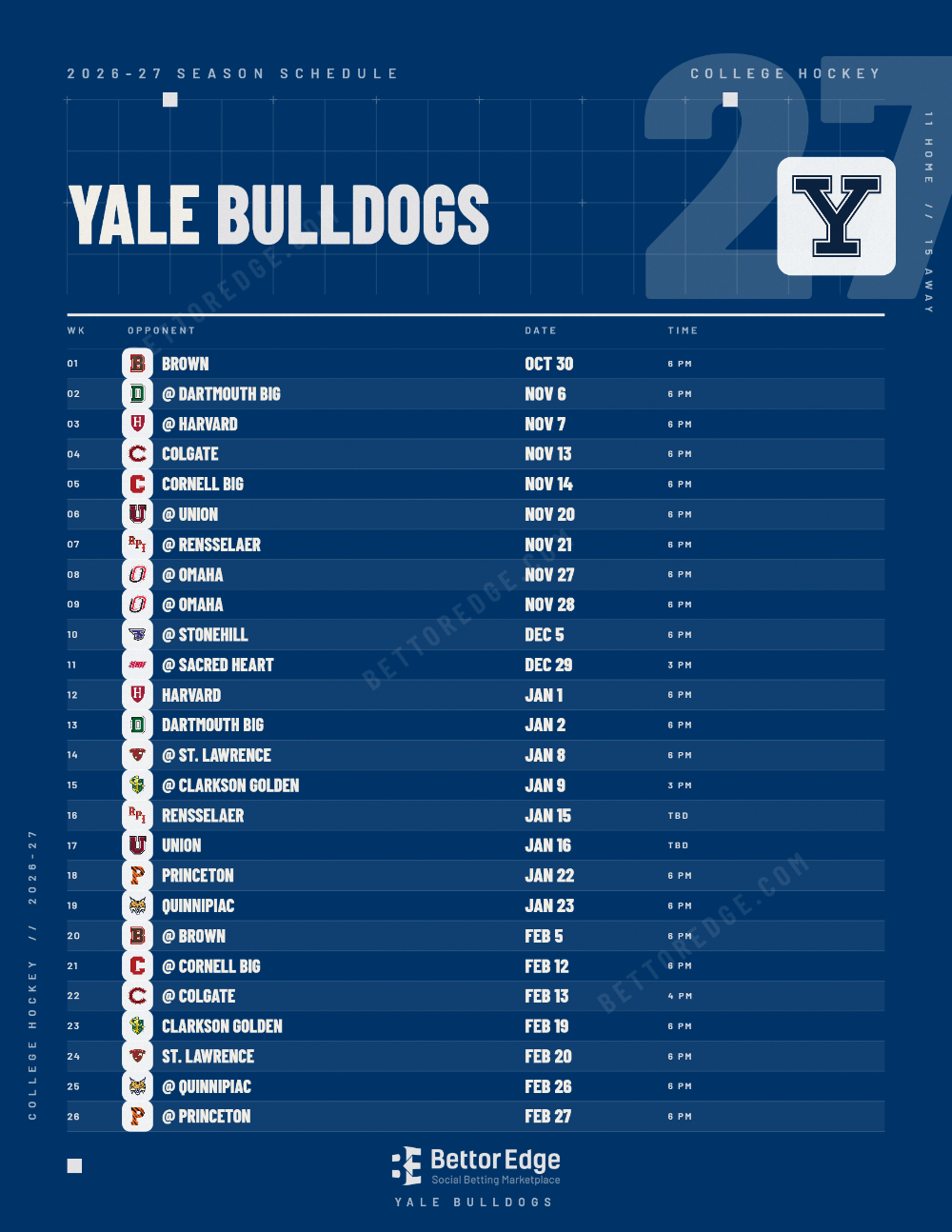 Yale Bulldogs 2026-27 hockey schedule, free printable, every game with start times and TV
