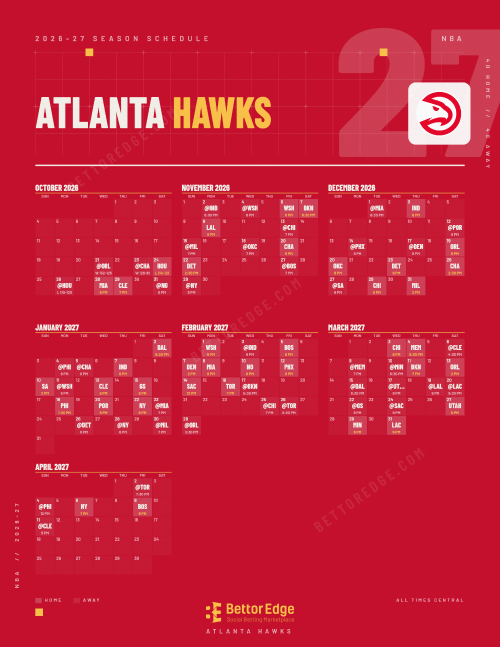 Atlanta Hawks 2026-27 basketball schedule, free printable, every game with start times and TV