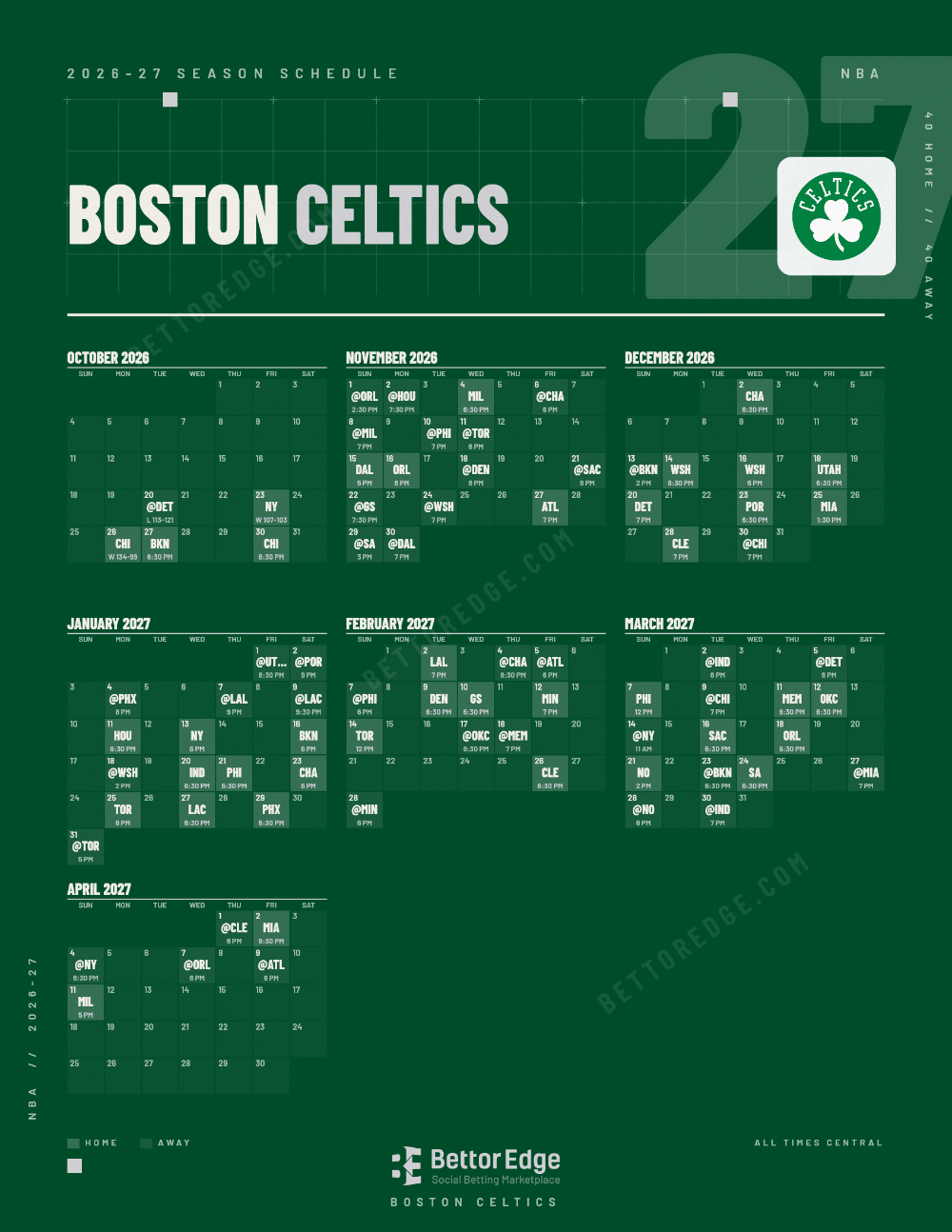 Boston Celtics 2026-27 basketball schedule, free printable, every game with start times and TV