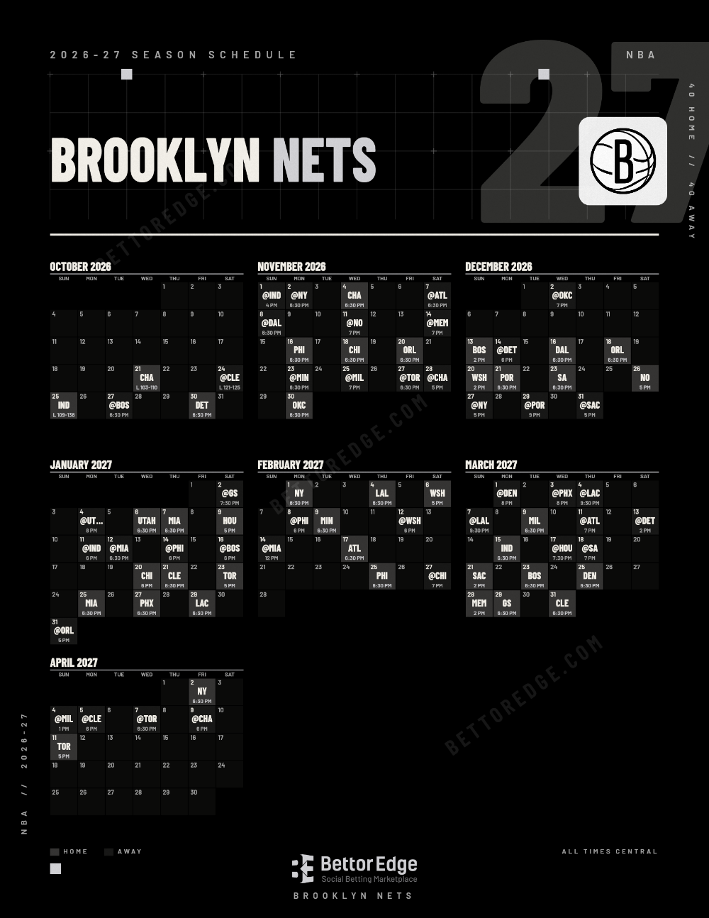 Brooklyn Nets 2026-27 basketball schedule, free printable, every game with start times and TV