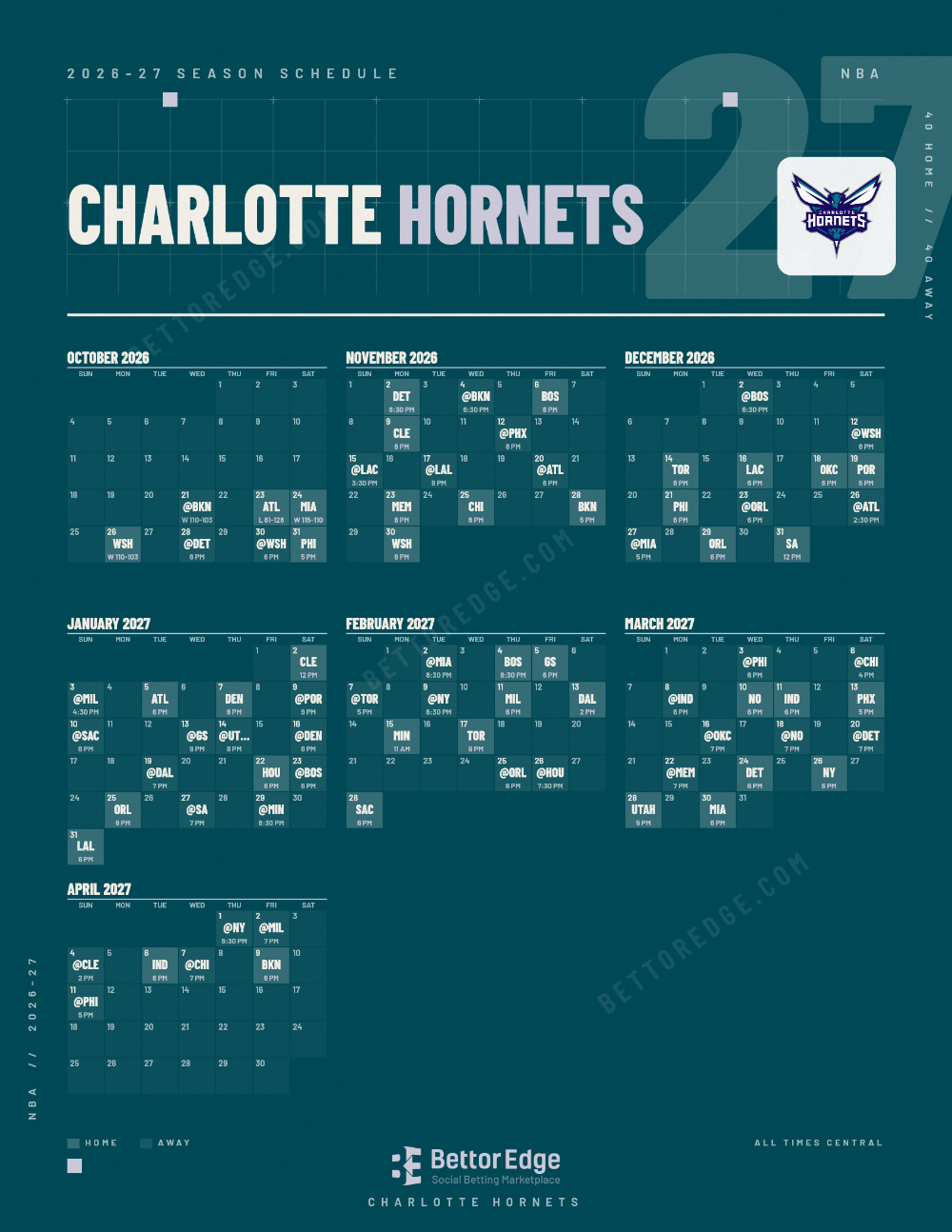 Charlotte Hornets 2026-27 basketball schedule, free printable, every game with start times and TV