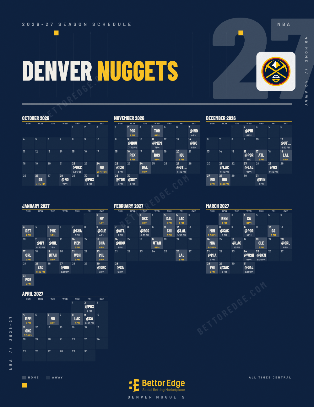 Denver Nuggets 2026-27 basketball schedule, free printable, every game with start times and TV