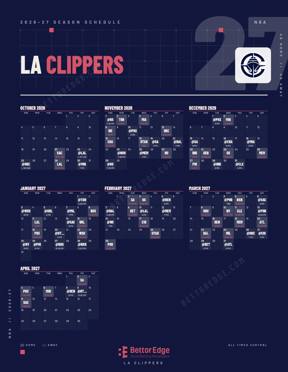 LA Clippers 2026-27 basketball schedule, free printable, every game with start times and TV