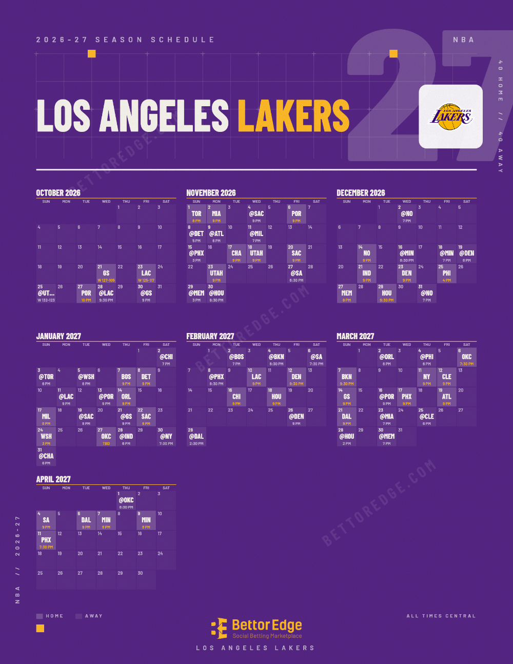 Los Angeles Lakers 2026-27 basketball schedule, free printable, every game with start times and TV