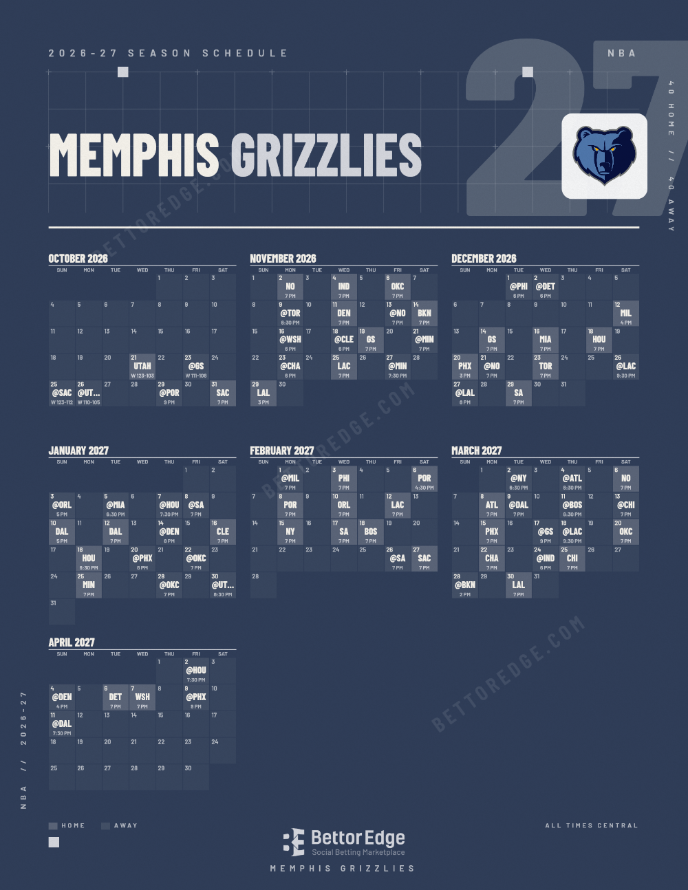 Memphis Grizzlies 2026-27 basketball schedule, free printable, every game with start times and TV