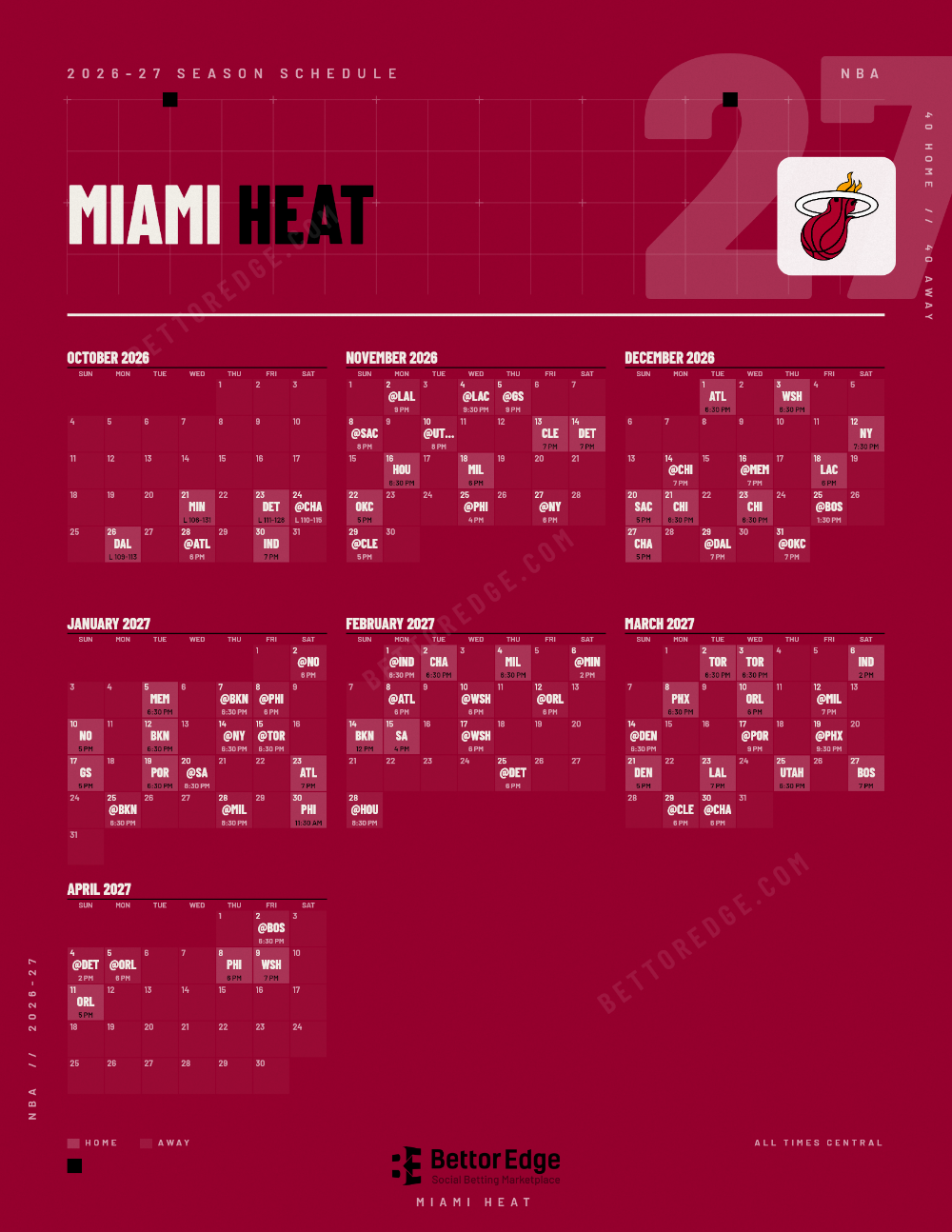 Miami Heat 2026-27 basketball schedule, free printable, every game with start times and TV