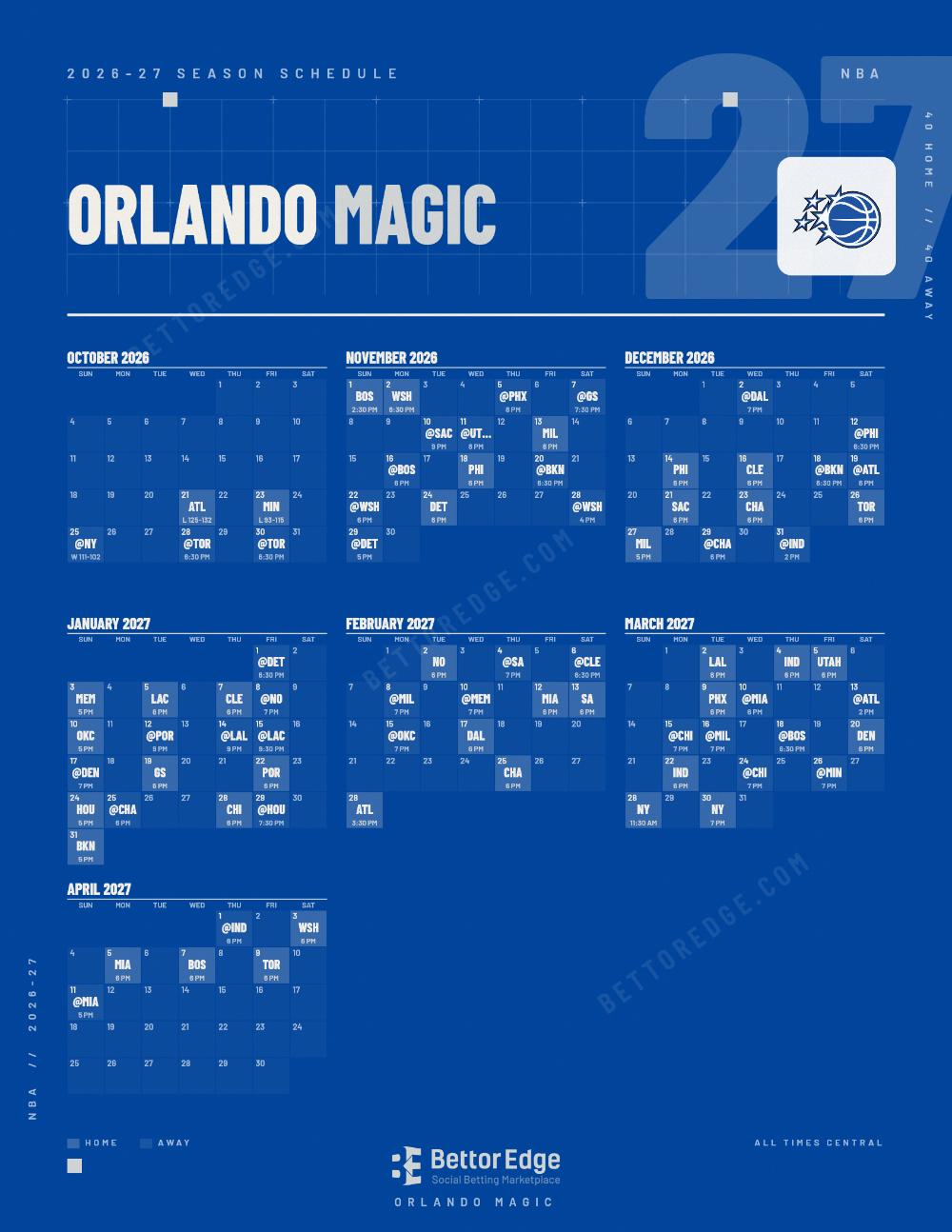 Orlando Magic 2026-27 basketball schedule, free printable, every game with start times and TV