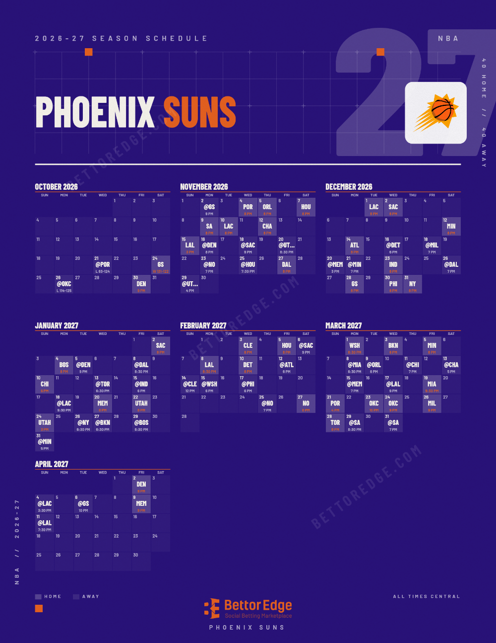 Phoenix Suns 2026-27 basketball schedule, free printable, every game with start times and TV
