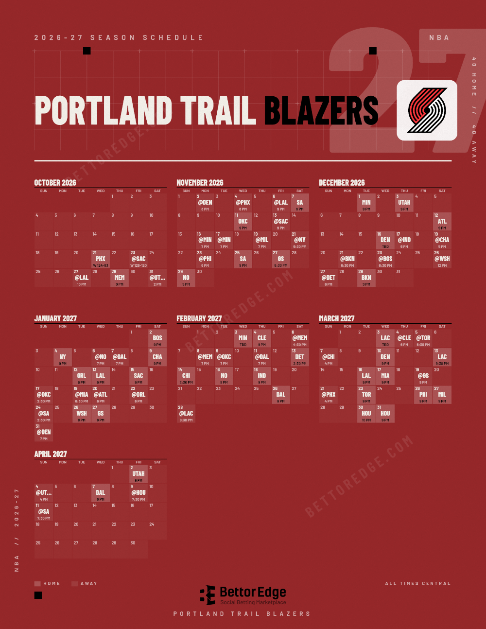 Portland Trail Blazers 2026-27 basketball schedule, free printable, every game with start times and TV