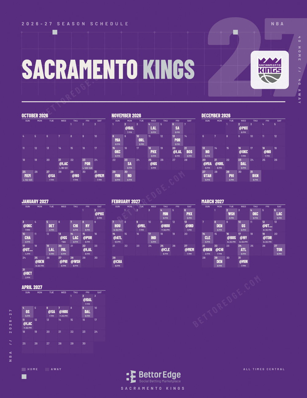 Sacramento Kings 2026-27 basketball schedule, free printable, every game with start times and TV