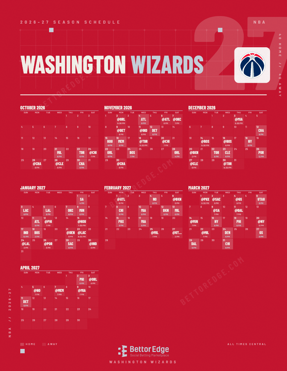 Washington Wizards 2026-27 Schedule: Free Printable PDF & JPG | BettorEdge