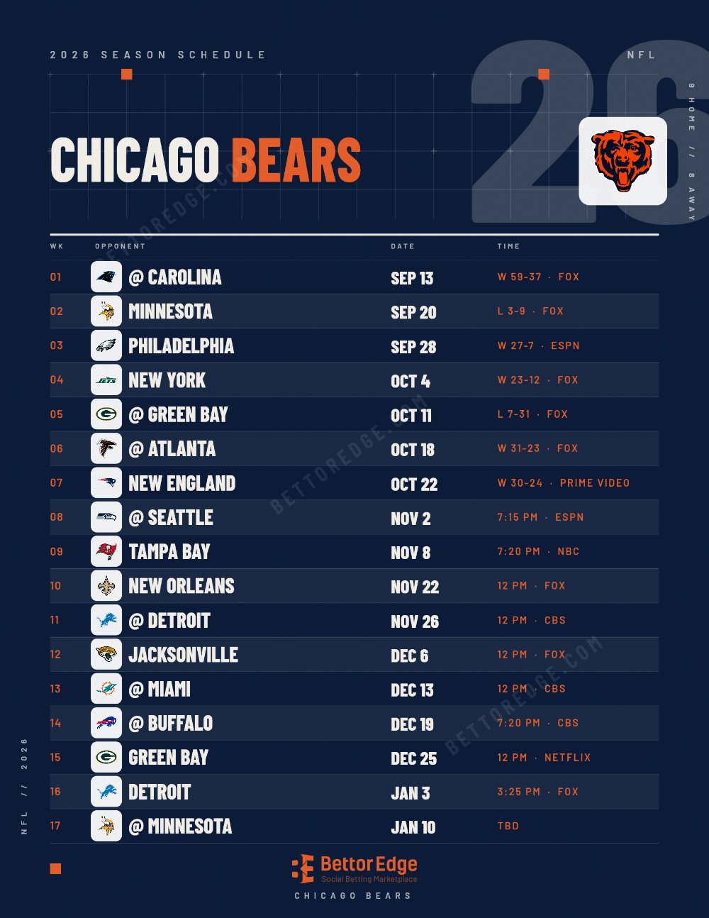 Chicago Bears 2026 football schedule, free printable, every game with start times and TV