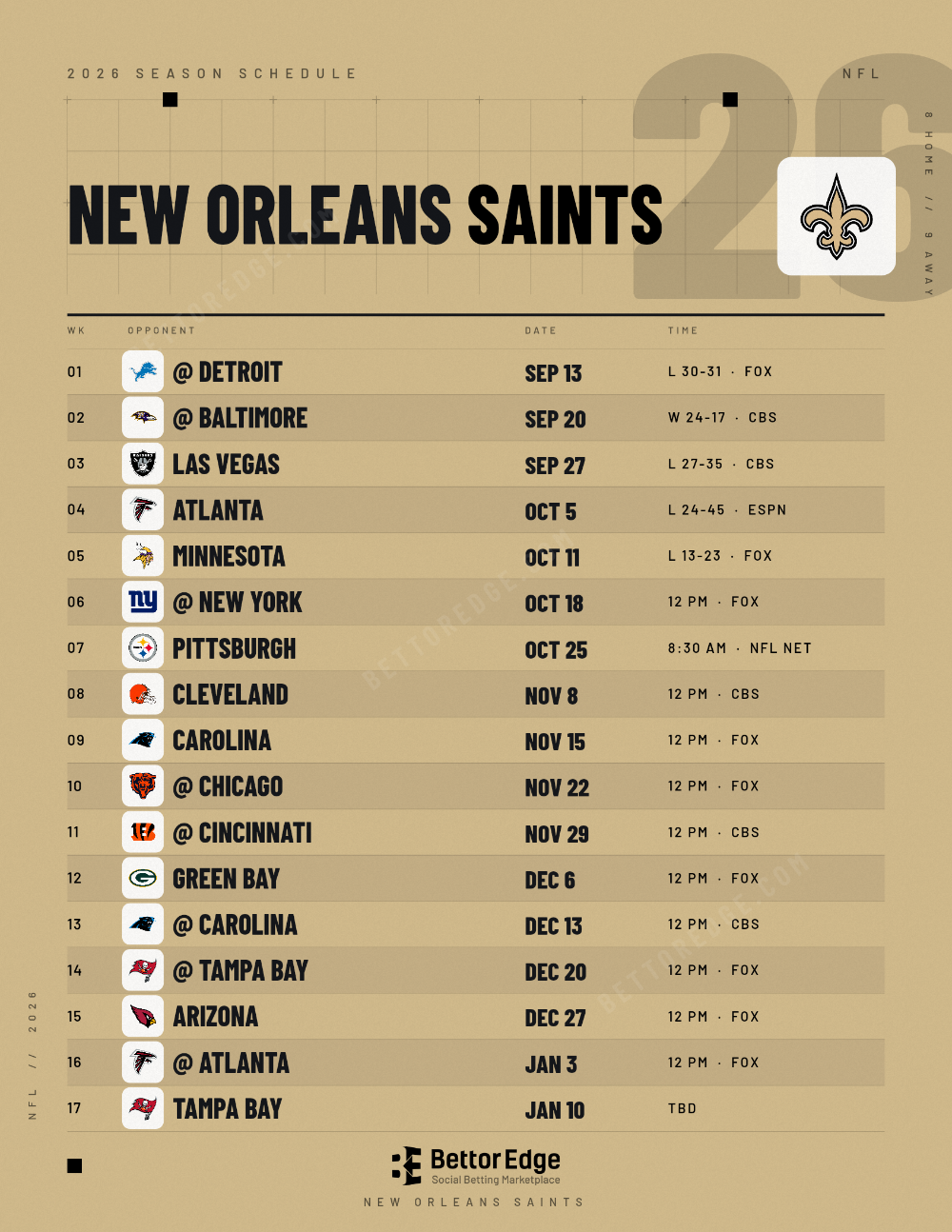 New Orleans Saints 2026 Schedule: Free Printable PDF & JPG | BettorEdge