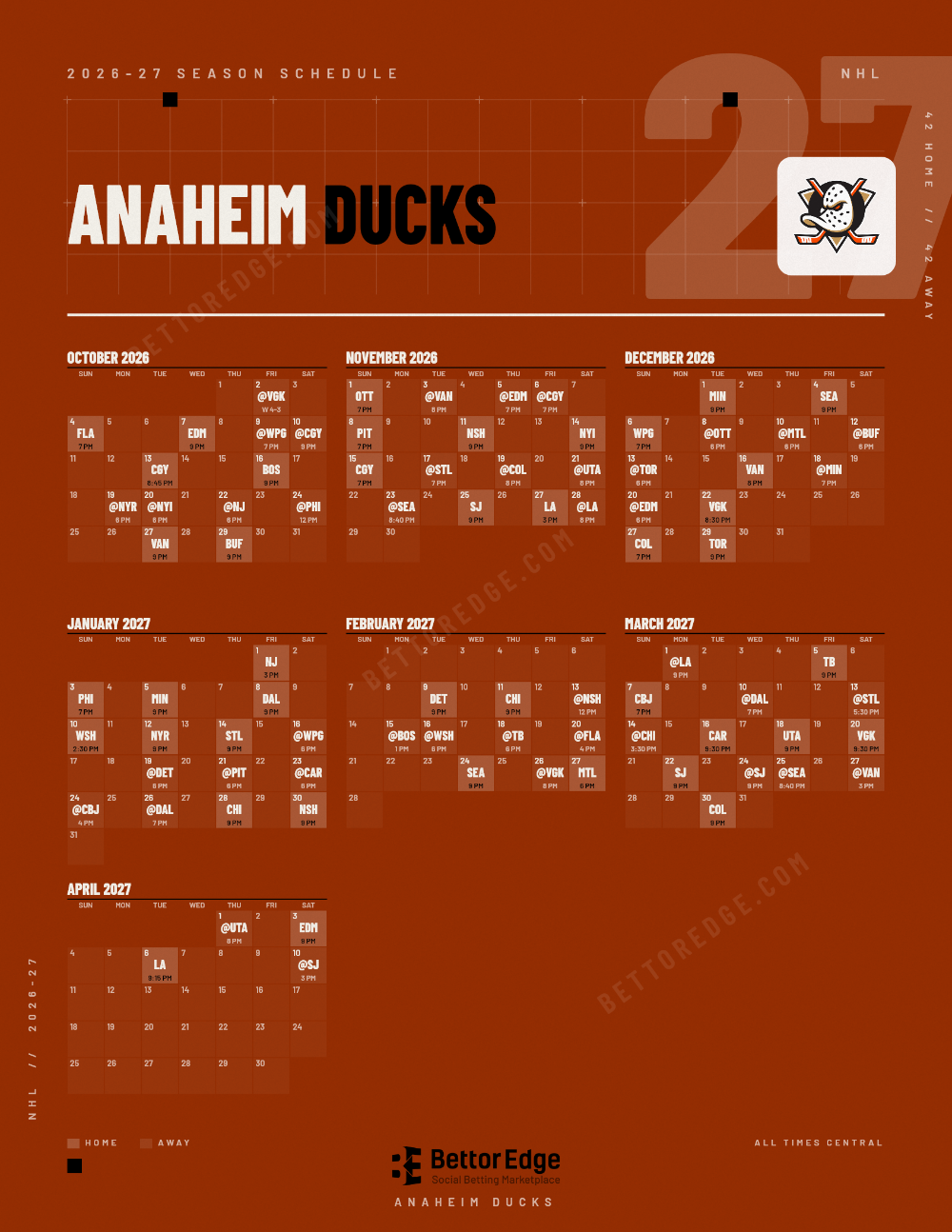 Anaheim Ducks 2026-27 hockey schedule, free printable, every game with start times and TV