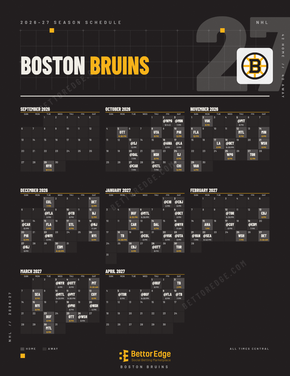Boston Bruins 2026-27 hockey schedule, free printable, every game with start times and TV