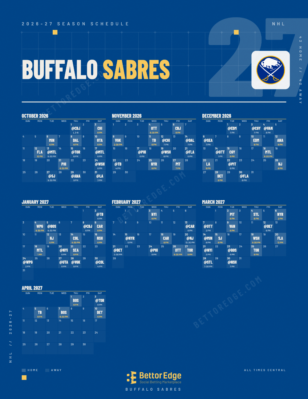 Buffalo Sabres 2026-27 hockey schedule, free printable, every game with start times and TV